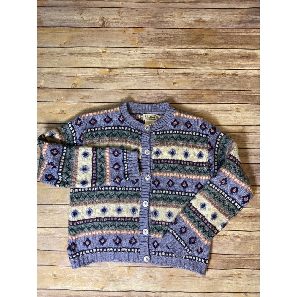 LL Bean Vintage Fair Isle Mohair Blend Cardigan Sweater Purple USA Made Womens S
